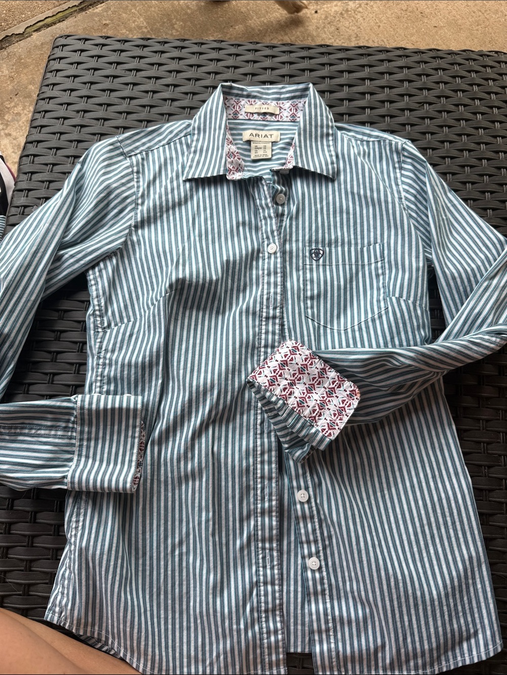 Ariat XS Women’s Teal and White Striped Button-Down Shirt with Patterned Cuffs.